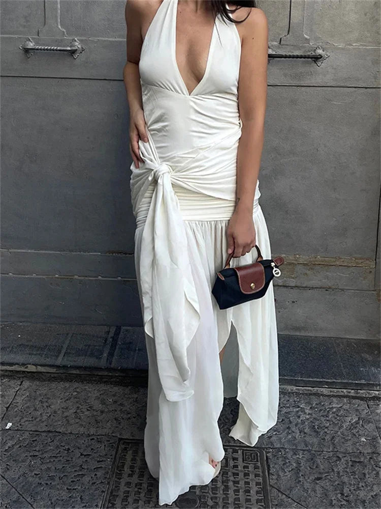 V-Neck Backless Lace-Up Long Dress Women's Ruffled Patchwork Sexy Bandage High Waist Solid Dress Ladies Autumn Maxi Dress