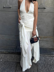 V-Neck Backless Lace-Up Long Dress Women's Ruffled Patchwork Sexy Bandage High Waist Solid Dress Ladies Autumn Maxi Dress