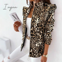 Ingvn - Casual Plaid Zip Blazer Jacket Women Spring Fall Long Sleeve Stand Neck Slim Coats Elegant Leopard Ruffle Office Suit Coat
