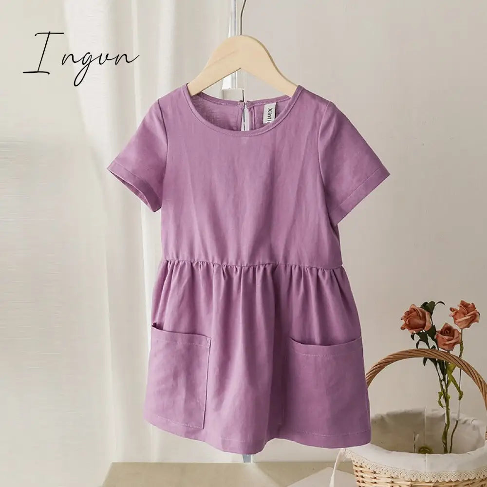 Ingvn - Fashion Cotton Linen Summer Girl Dress Yellow Casual Short Sleeve Kids Holiday Dress With Pockets TZ20