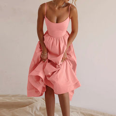 Women's Trade Summer New Solid Color Sexy U-collar Waist Pleated Sling dress