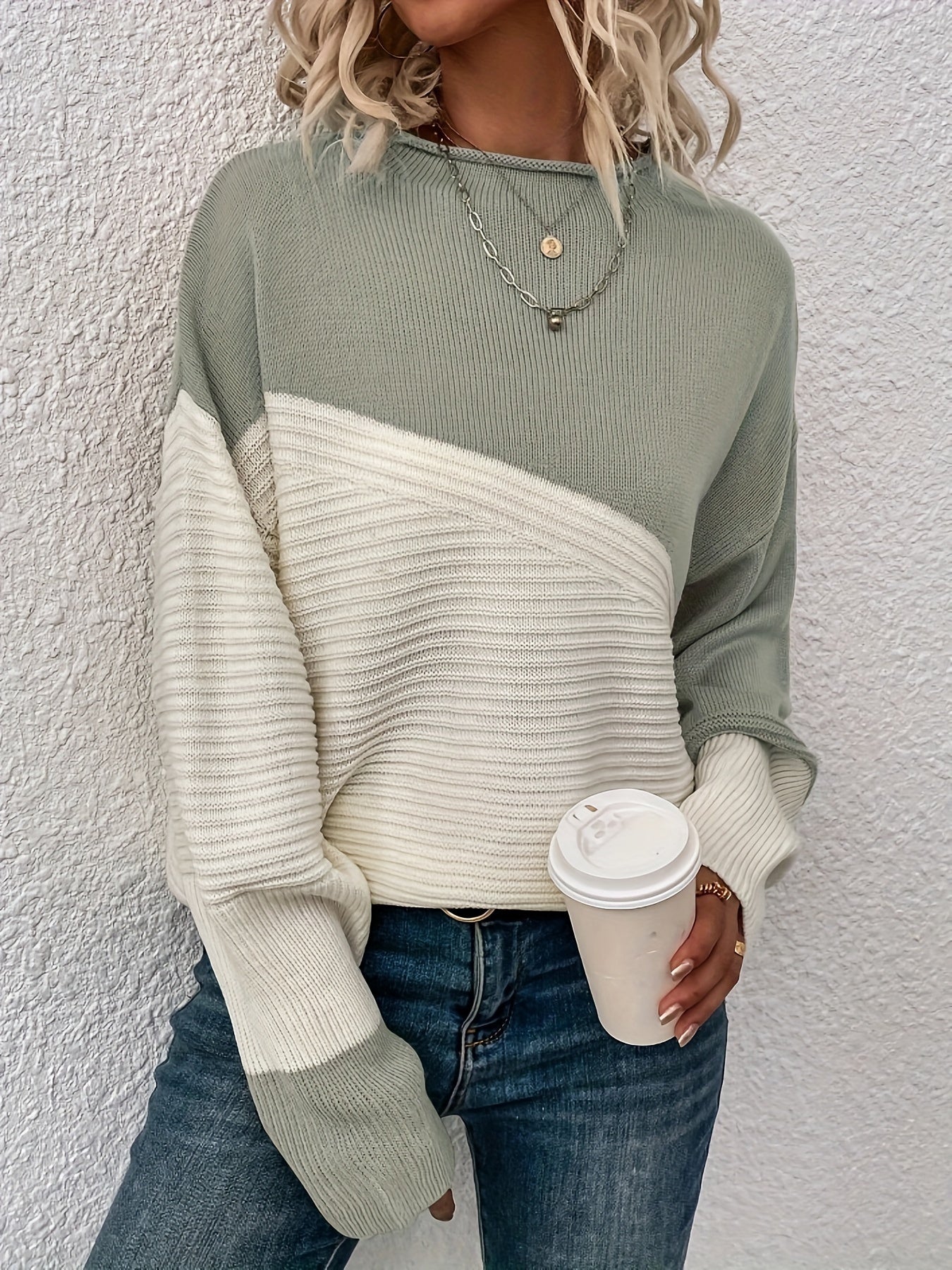 Stylish Color Block Crew Neck Sweater - Pullovers for Women - Soft, Elegant, and Cozy Drop Shoulder Long Sleeve Sweater for Fall and Winter Seasons