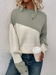 Stylish Color Block Crew Neck Sweater - Pullovers for Women - Soft, Elegant, and Cozy Drop Shoulder Long Sleeve Sweater for Fall and Winter Seasons