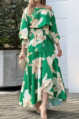 Ingvn - Elegant Floral With Bow Oblique Collar Irregular Dress Dresses