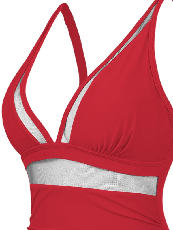 2025 Women's Beach Swimwear Solid Color Sheer Mesh Panel Plunging Neck One-piece Swimsuit
