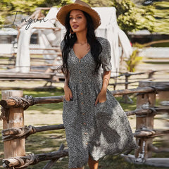 Ingvn - Ladies Vintage Sexy Leopard Print Summer Dress Women Slim Casual High Waist Button Bohemian Women Beach Dress Vestidos Female