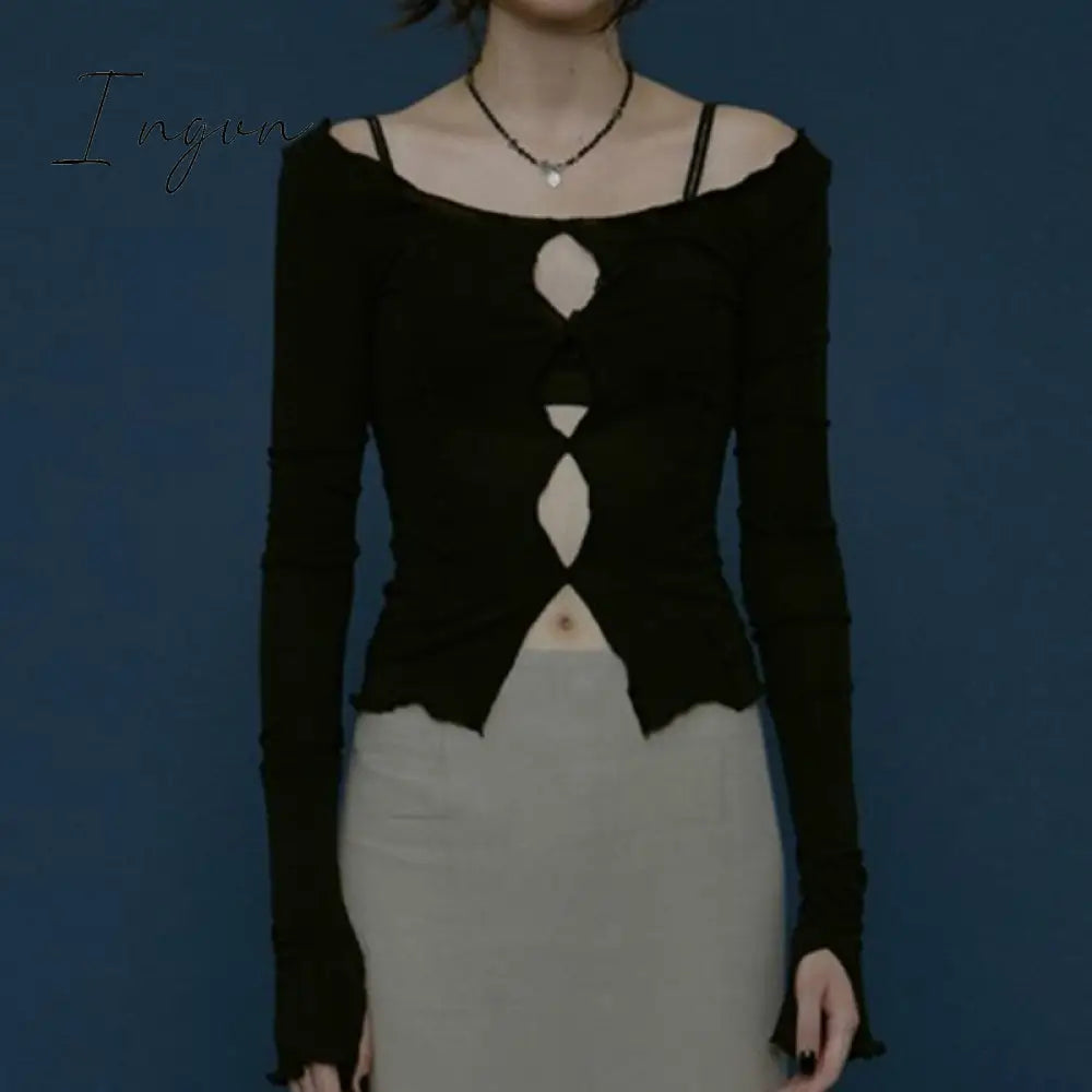 Ingvn - Spring Outfits Sexy solid hollow out top long sleeve O-neck t-shirt woman casual Autumn Spring top