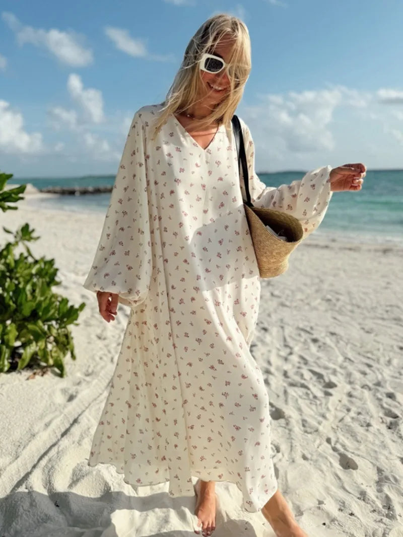 Ingvn  New  Autumn Women's V-neck Long Sleeve Floral Print Beach Dress Female Casual Loose Chiffon Long Vacation Dresses with Belt