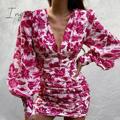 Ingvn - Women Sexy Deep V Neck Floral Print Long Lantern Sleeve Ruched Dress Summer Elegant Female Bodycon Party Dress Vestido