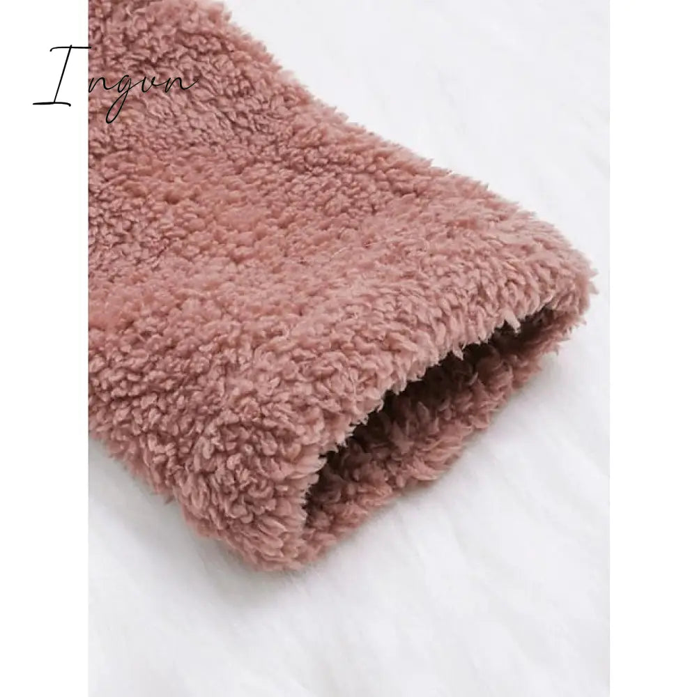 Ingvn - Women's Fleece Jacket Pullover Sherpa Fleece Teddy Button Front Pocket claret turmeric Black Solid Color Street Hoodie Plus Size Long Sleeve Fleece