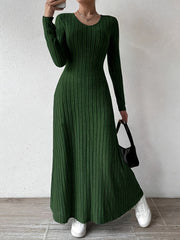 Long Sleeve Ankle Ribbed Crew Neck Sweater Dress for Fall & Winter, Elegant Women's Clothing