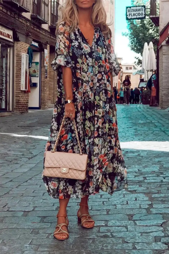 Ingvn - Casual Print Patchwork V Neck Cake Skirt Dresses