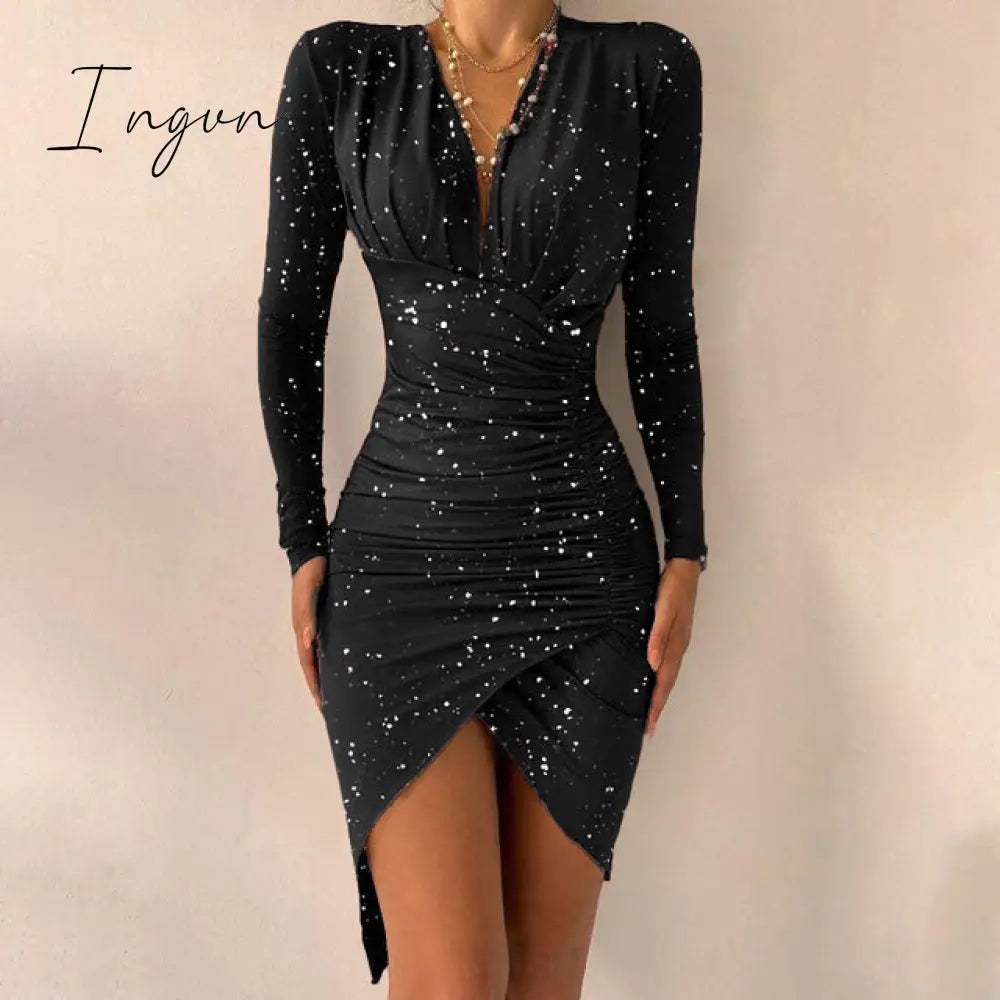 Ingvn - Women's Spring Sexy Package Hips Long-sleeve V-neck Printed Slit Dress Clothing Summer Black Bodycon Dresses For Women Party