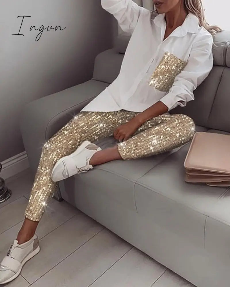 Ingvn - Women Fashion Sequin Two Piece Set Long Sleeve Womens Tops And Blouses Femme Two Piece Outfits Elastic Waist Long Pants Sets