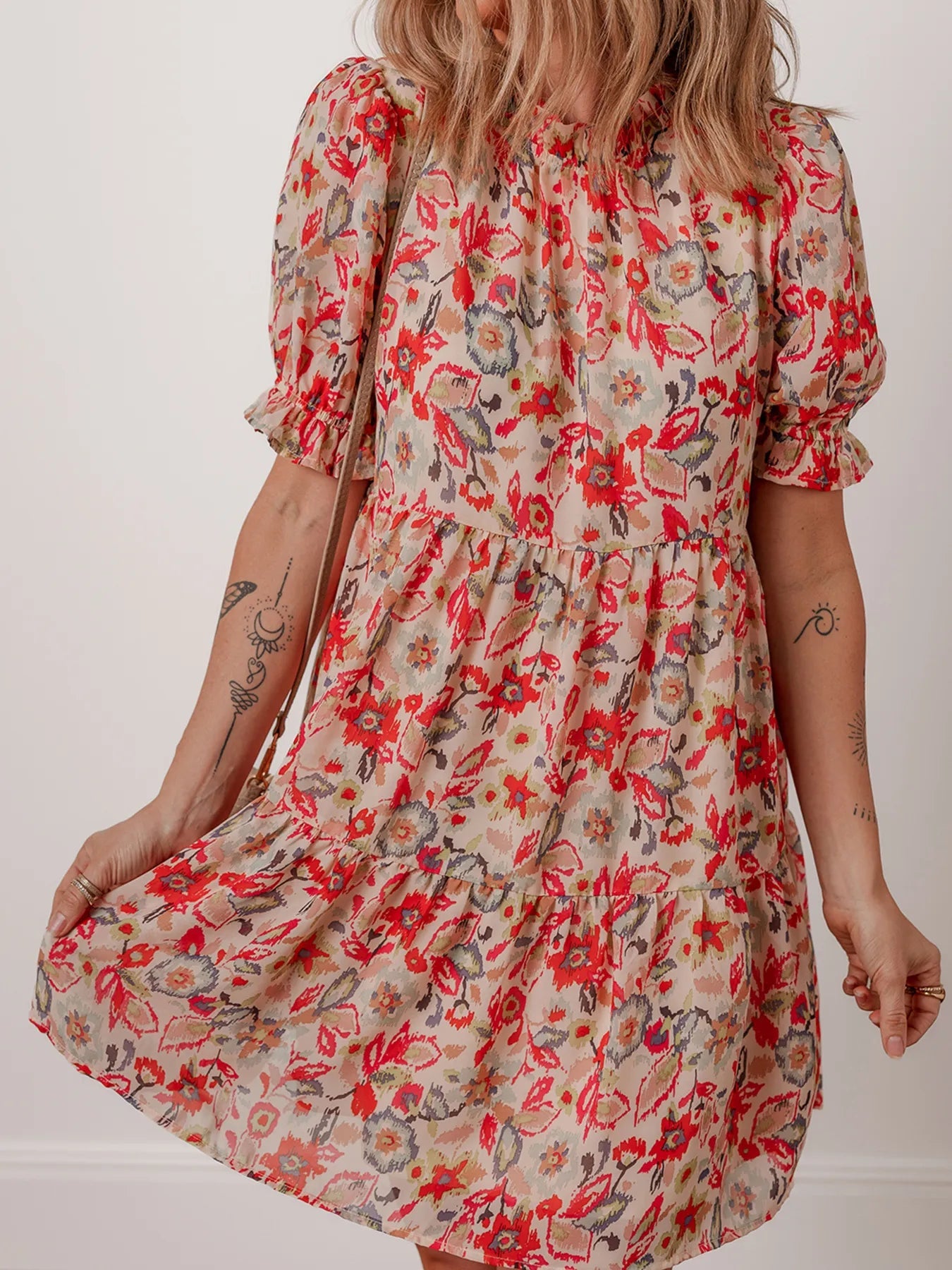 Floral Print Frilled Neck Puff Sleeve High Waist Dress