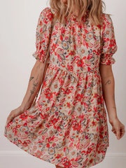 Floral Print Frilled Neck Puff Sleeve High Waist Dress