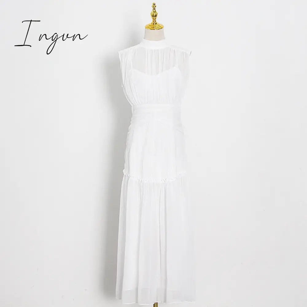 Ingvn - 2023 Summer Women Chiffon Midi Dress Party Stand Collar Sleeveless Pleated Waist Elegant Lady Ruched Floral Long Dress Ruffle