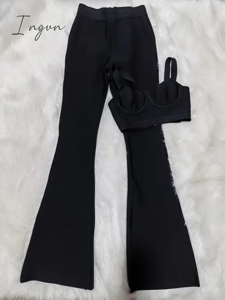 Ingvn - Set 2 Pieces Strap Sleeveless Bustiers And Long Bell-Bottoms Trousers Sexy Celebrity Party Sheath Vestidos  Dobanmbd