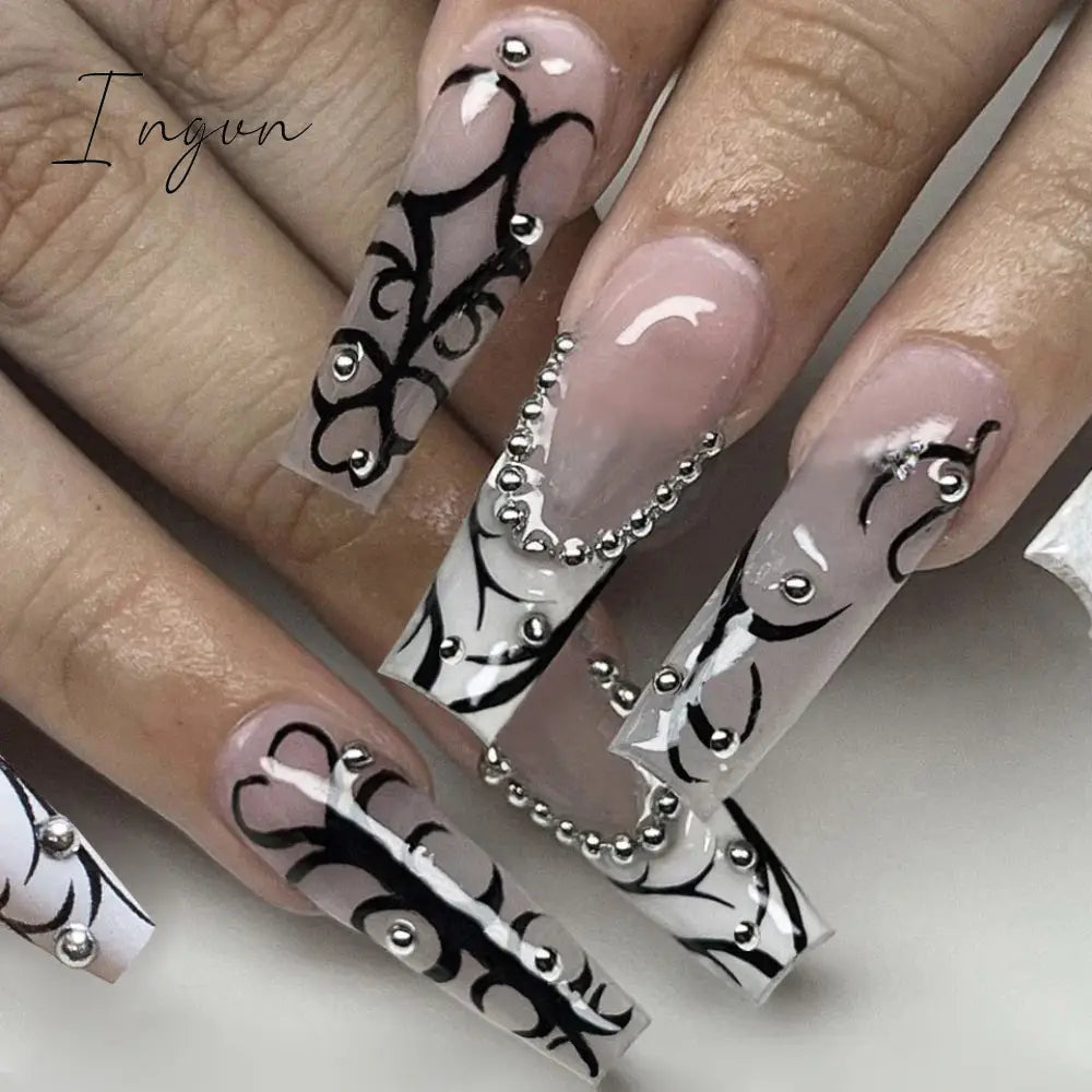 24pcs French rhinstones artifical nails with glue full cover false nails detachable coffin fake nail bling press on nails