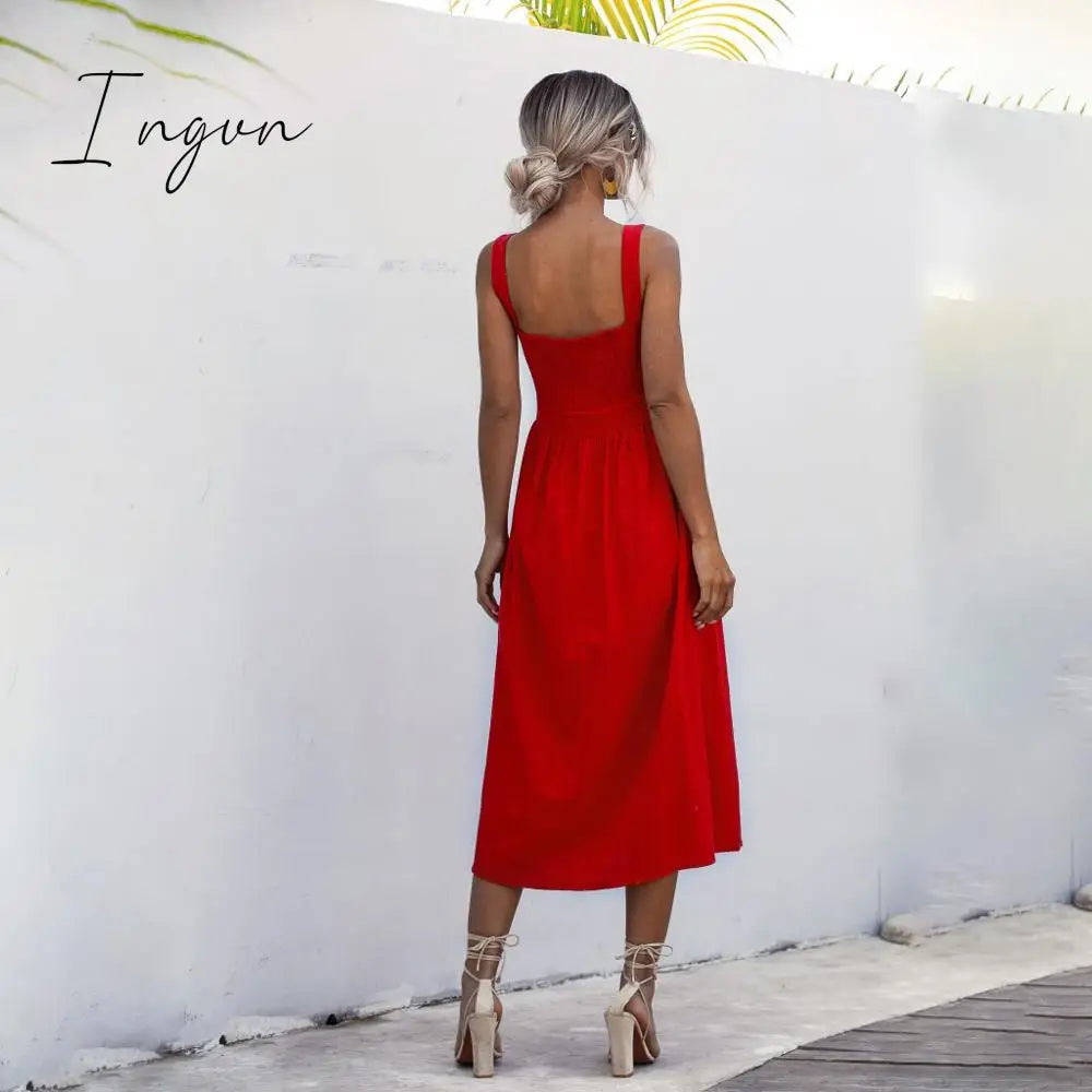 Ingvn - Women Long Dress Summer Sexy Backless Casual White Black Ruched Slip Midi Sundresses Ladies Strap Clothes For Women y2k