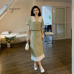 Ingvn - Summer Elegant Women Skirt Sets Retro Office Lady Outifits Puff Sleeve Black Top Skirts Set Korean Fashion Sweet Hepburn Suit