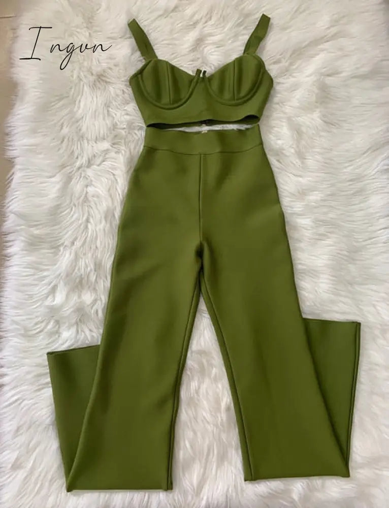Ingvn - Summer New Women's Fashion Sexy Bandage 2 Two-piece Set Sleeveless Tight Short Top &  High Waist Flared Trousers Pants Set