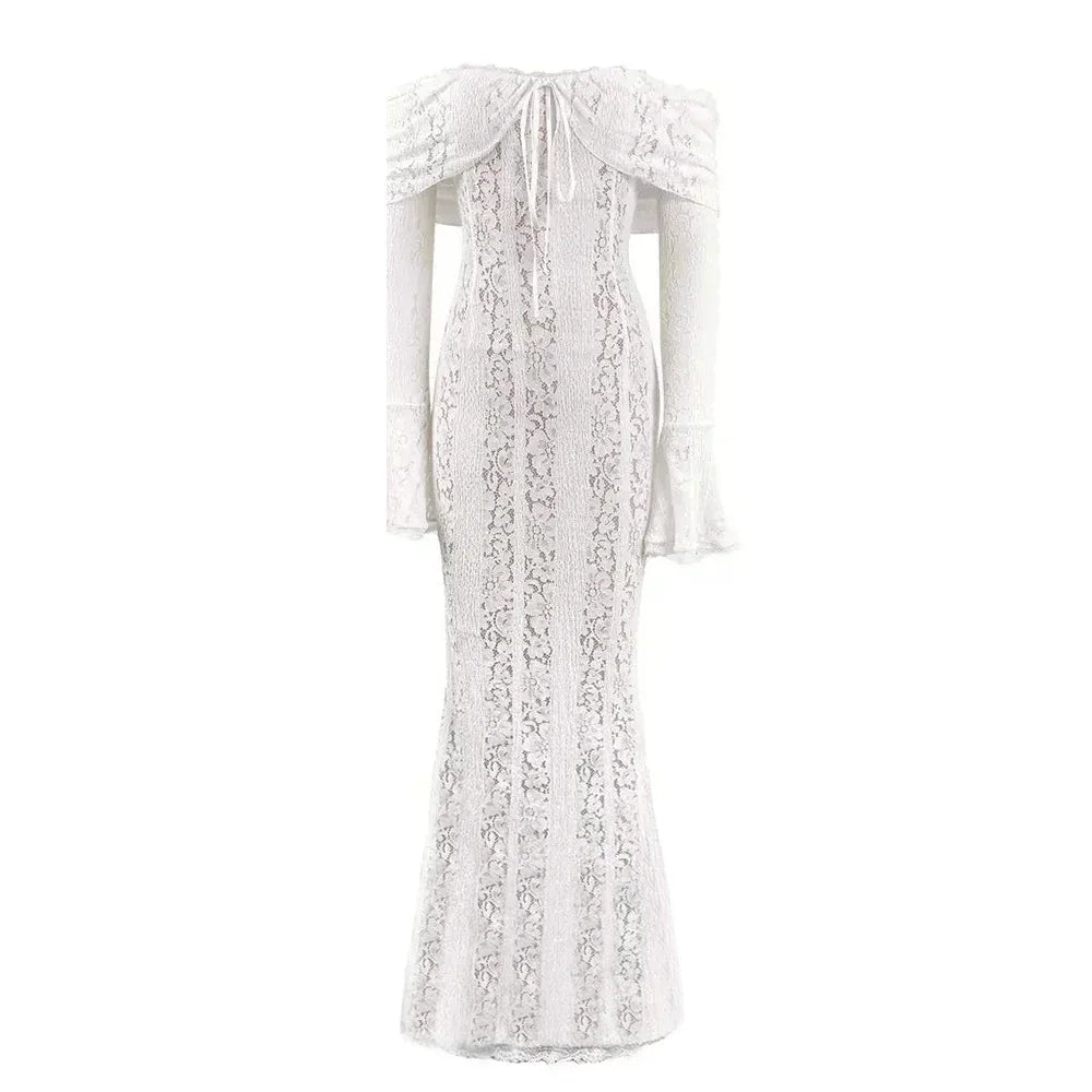 White Off The Shoulder Bodycon Dress New in Flare Sleeve Elegant Lace Maxi Dress Wedding Guest Dress for Women