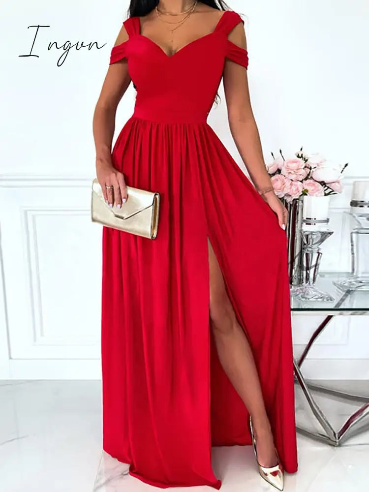 Ingvn - Female Short Butterfly Sleeve Split Fork Party Dress Solid Slim V Neck High Waist Dress Women Casual Summer Maxi Dress Vestidos
