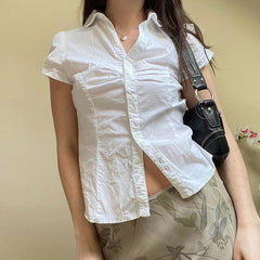 Vintage Folds Crop Top White Button Up Short Sleeve Blouse Women Bandage Korean Fashion T-shirt Casual Streetwear y2k Tee