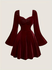 Velvet Elegant V-Neck Long Sleeve Dress - Pleated with Lace Detail, Perfect for Fall/Winter Parties & Banquets