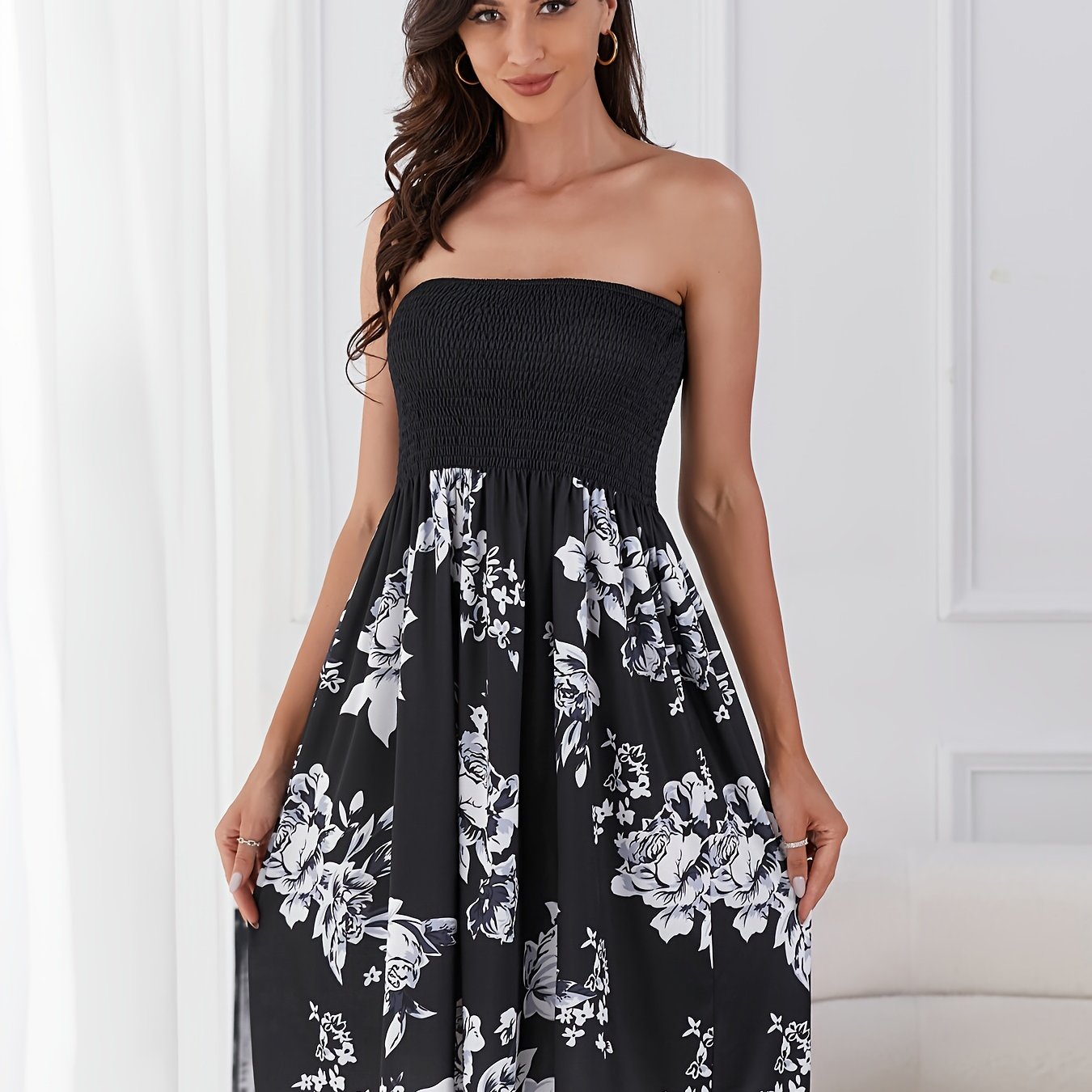 Vibrant Floral Print Tube Midi Dress - Sleeveless, Shirred, Bodycon, Feminine, Summer Essential - Women's Clothing, Sexy and Chic