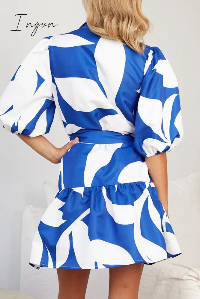 Ingvn - Casual Geometric Print Bandage Turndown Collar A Line Dresses