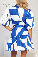Ingvn - Casual Geometric Print Bandage Turndown Collar A Line Dresses