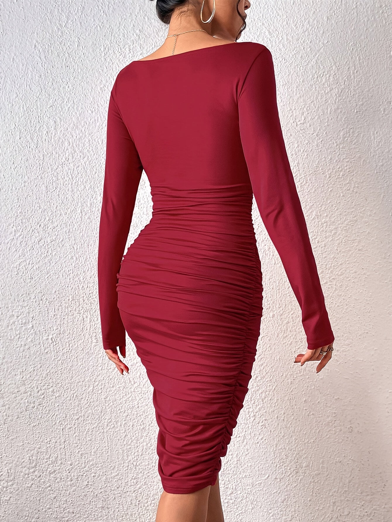 Vibrant Long Sleeve Bodycon Dress - Elegant Surplice Neck, Frill Details, Mid Elasticity, Machine Washable - Young Womens Polyester Fashion Clothing for Spring, Summer, and Fall