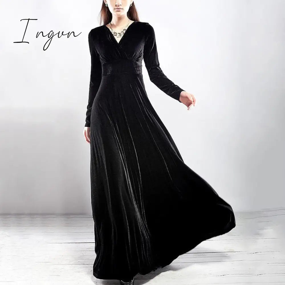 Ingvn - Gold Velvet Maxi Dress V-neck Maxi Dress
