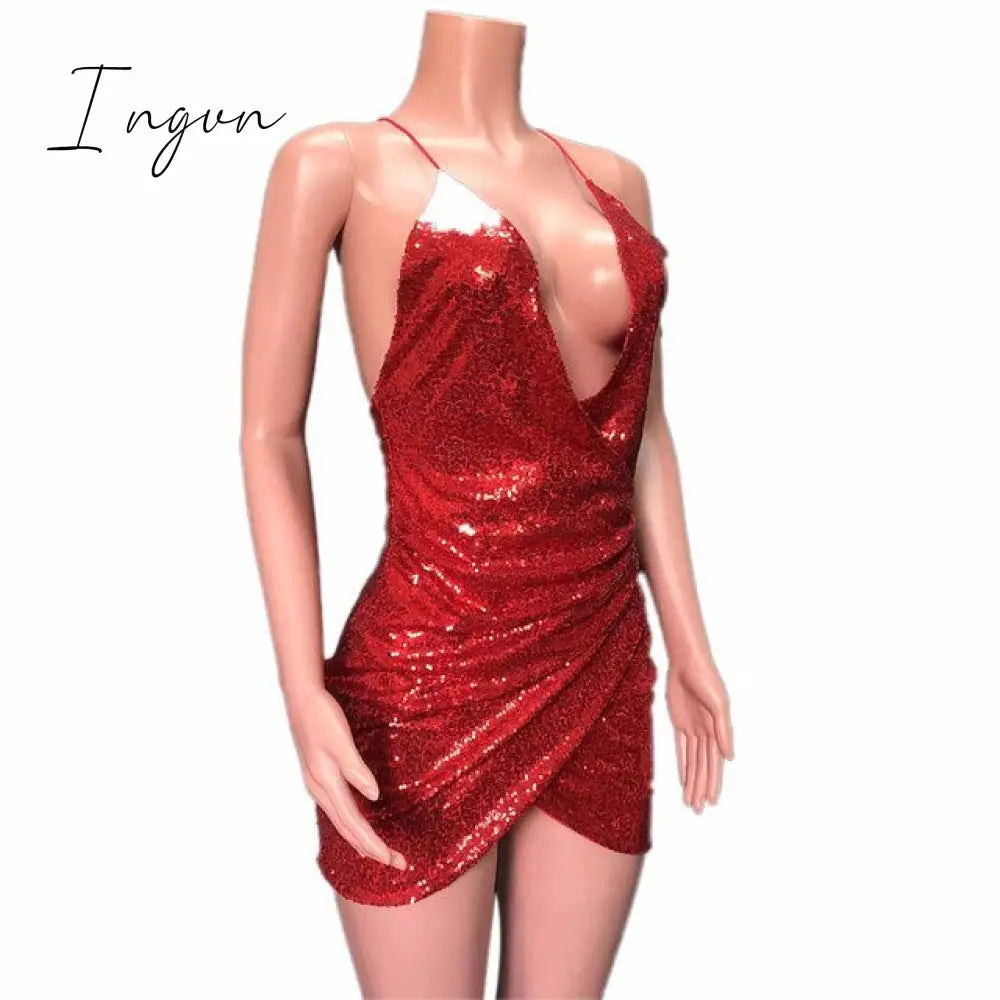 Ingvn - Sexy Women Sequins Glitter Sparkle Deep V Neck Halter Backless Bodycon Short Mini Dress Evening Party Wrap Hip Package Dress
