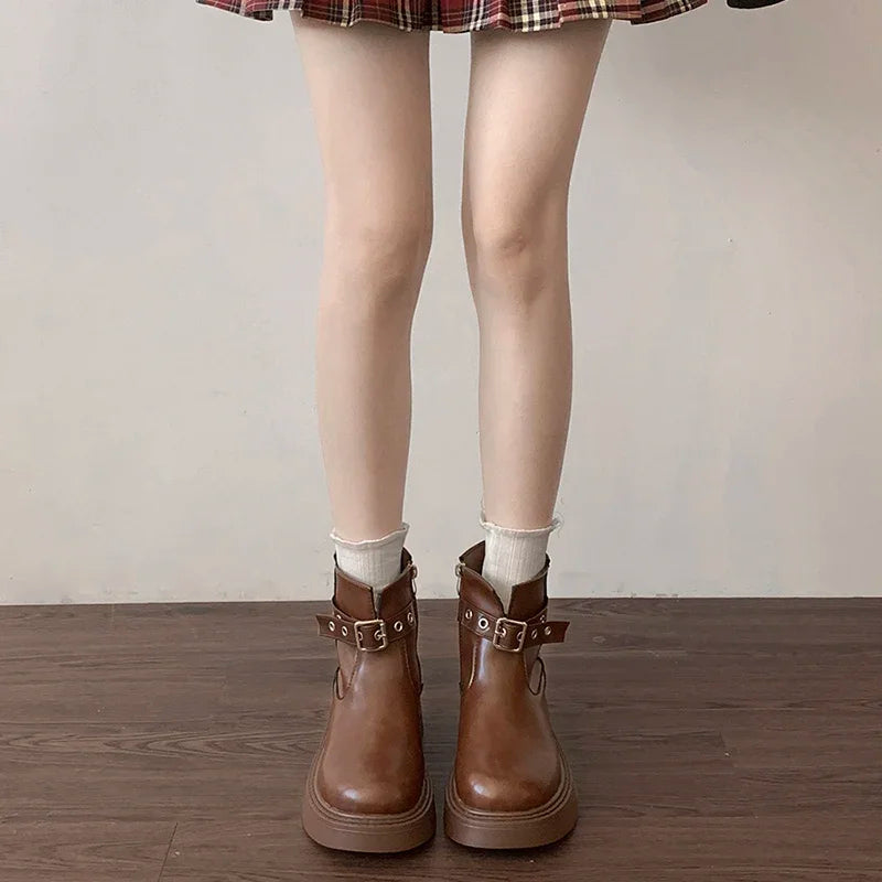 Ingvn  Thick Heel Women Ankle Boots Fashion Elegant Belt Buckle Shoes Spring Autumn Vintage Women's Morder Short Booties