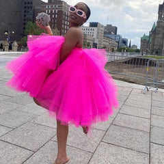 Ingvn - Chic Fuchsia Ruffles Short Tulle Dresses Women Puffy A-line Mini Tutu Dress Summer Off The Shoulder Robe Vestidos