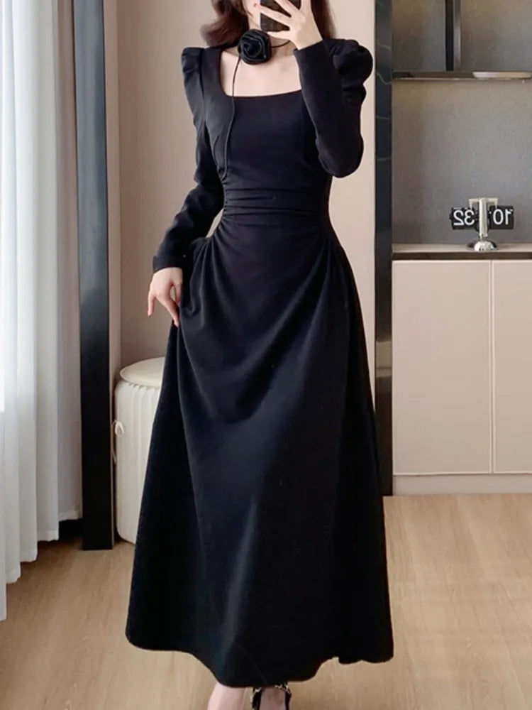 Elegant Chic Women Fashion Black Dress Vintage Casual A-Line Solid Party Birthday Prom Dresses Female Spring Clothes Robe Mujers
