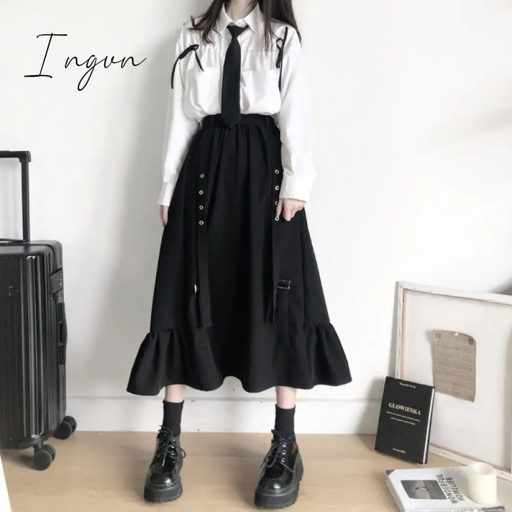 Ingvn - Spring/Autumn Women Skirts High Waist Student Korean Style Dark Vintage Ruffle Long A-line Skirts Women Fashion