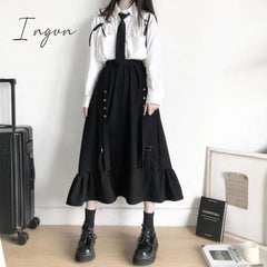 Ingvn - Spring/Autumn Women Skirts High Waist Student Korean Style Dark Vintage Ruffle Long A-line Skirts Women Fashion