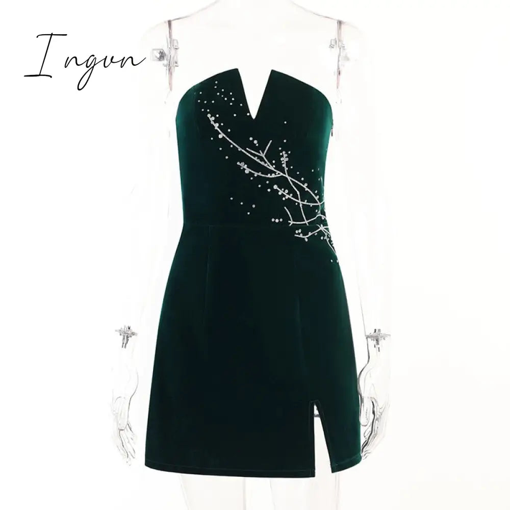 Ingvn - Womens Fall Fashion V Neck Velvet Dress Women Sexy Sleeveless Elegant Fashion Female Clothes Solid Backless Strapless Side Split Dress Black