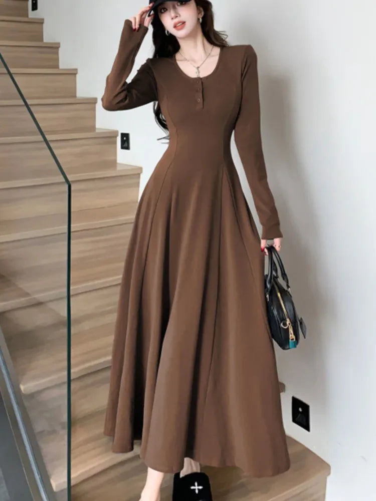 Women's Solid Maxi Dress Casual Korean Chic Long Sleeve U-Neck Slim Fit A-Line Autumn Sexy Prom Robe Vestidos Mujer New Clothes