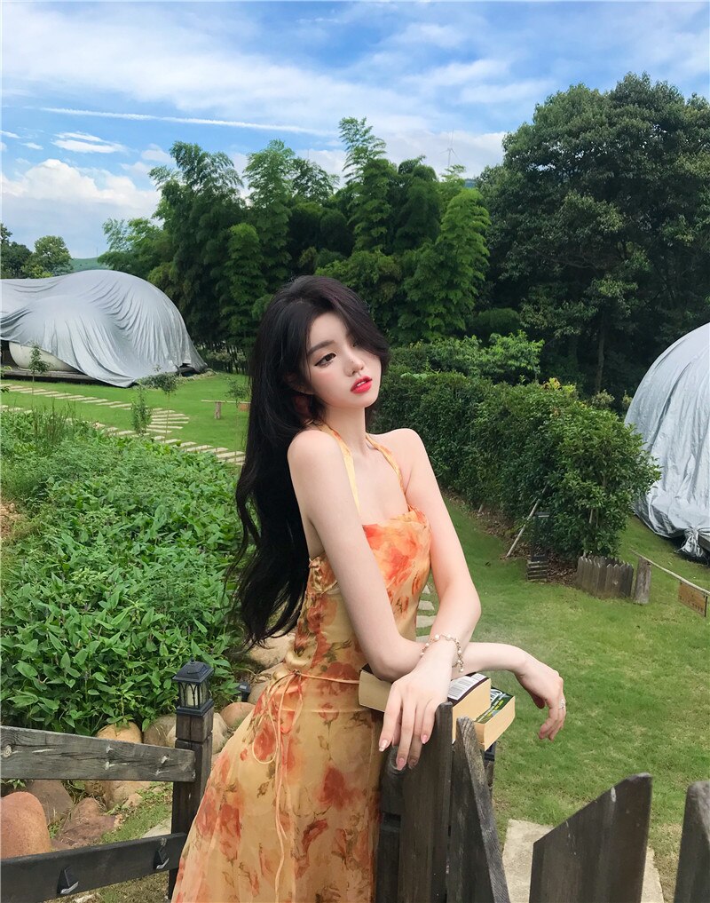 Women Midi Floral Halter Slip Dress Summer Vintage Painting Flowers Backless Casual Party Night Vacation Runway Vestidos