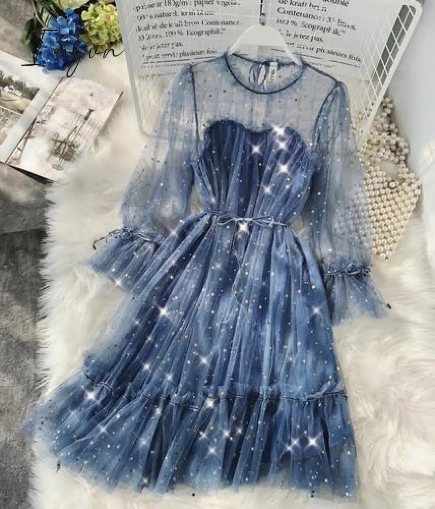 Ingvn - New Female O-neck Stars Sequined Mesh Shiny Fairy Dress Women Elegant Bling Gauze Princess Puff Dresses Vestidos De Fiesta