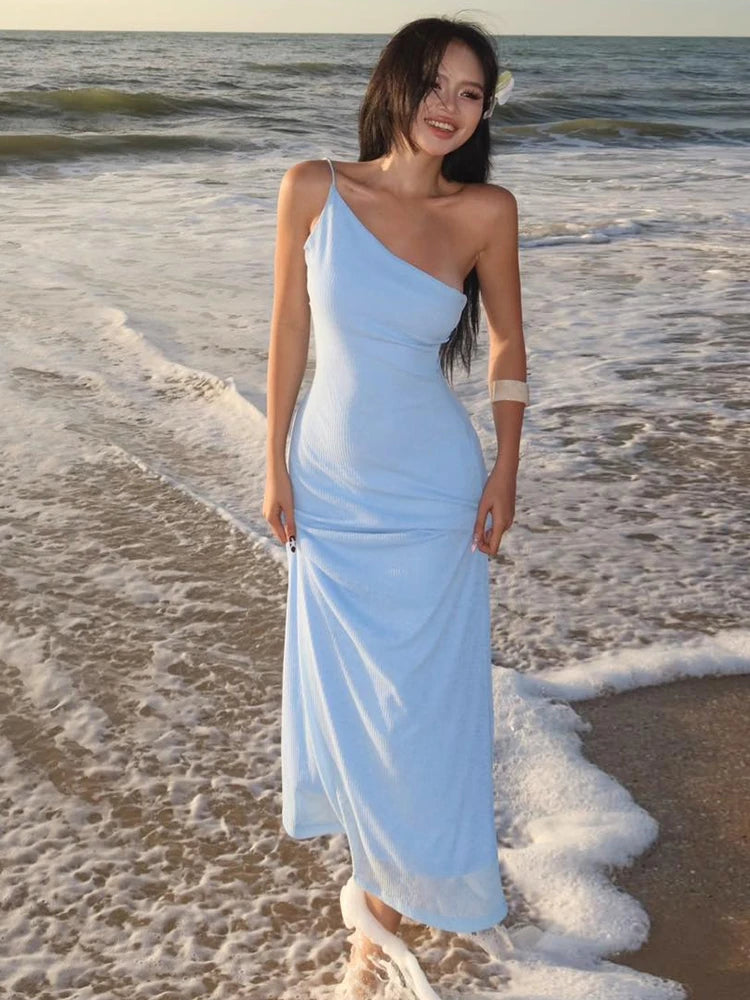 Simple Biased Collar Maxi Dress Women Sleeveless Backless Solid Summer Vacation Classic Beach Party Temperament Vestidos