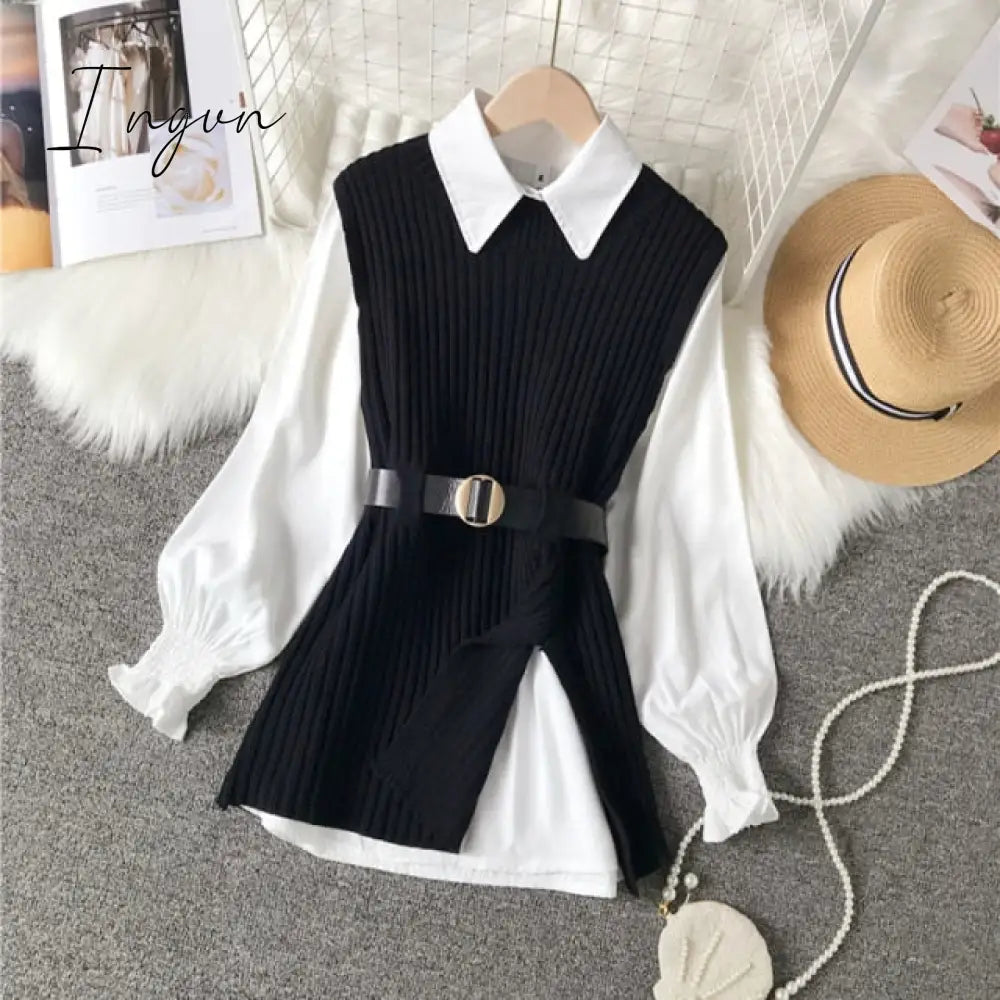 Ingvn - spring autumn women's lantern sleeve shirt knitted vest two piece sets of College style waistband vest two sets top UK900