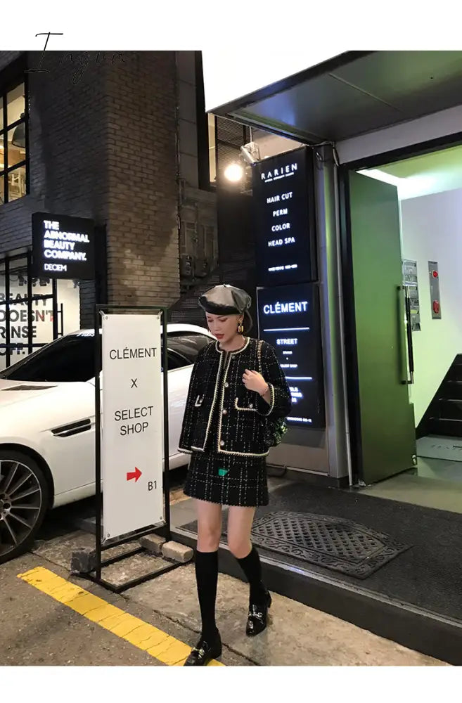 Ingvn - European Style Autumn Winter 2 Piece Set Women Short Woolen Tweed Jacket Coat & Bodycon Mini Skirt Set Women Two Piece Outfits