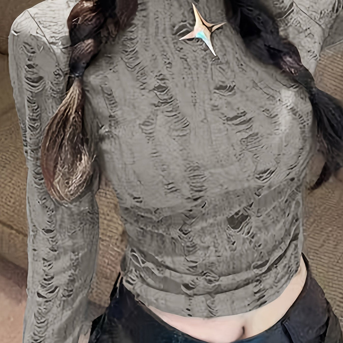 Ripped Ruched Crop T-Shirt, Casual Crew Neck Long Sleeve Top, Women's Clothing