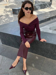 Summer Off-Shoulder Sexy T-shirt Top Women's Pleated Long Sleeve Inner V-Neck White Slim Twist Cropped Pullover Female Tee